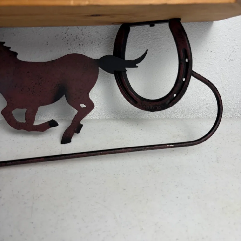 Rustic Horseshoe Horse Metal Wood Wall Shelf Western Equestrian Home Decor 17in